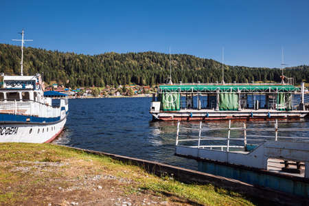 Iogach village, Turochaksky district, Altai Republic, Russia-August 20, 2020: Marina with boats in iogach villageのeditorial素材