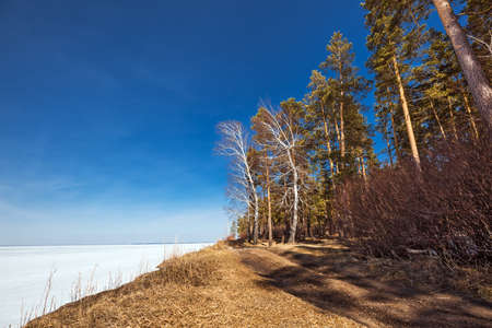 The coast of the Ob Sea in the spring. Berdsk, Novosibirsk region, Western Siberia - April 11, 2021の写真素材