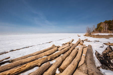 The coast of the Ob Sea in the spring. Berdsk, Novosibirsk region, Western Siberia - April 11, 2021の写真素材