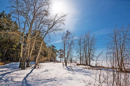 The coast of the Ob Sea in the spring. Berdsk, Novosibirsk region, Western Siberia - April 11, 2021の写真素材