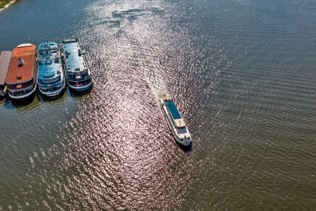 BERDSK, Novosibirsk Region, Western Siberia of Russia - July 28, 2021: A bird's-eye view of a pleasure boat in the waters of the Ob Seaのeditorial素材