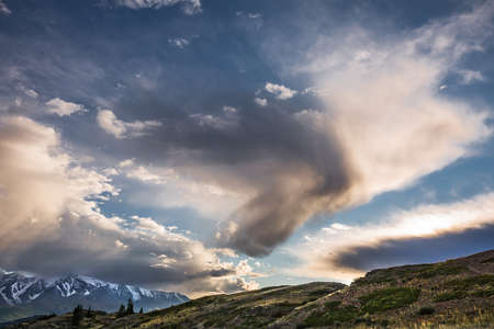 View of the North Chui ridge in the rays of the setting sun. Kosh-Agachsky District of the Altai Republic, Southern Siberia, Russiaの写真素材