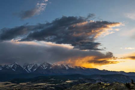 View of the North Chui ridge in the rays of the setting sun. Kosh-Agachsky District of the Altai Republic, Southern Siberia, Russiaの写真素材