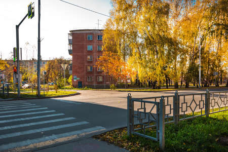 The city of Berdsk, Novosibirsk region, Western Siberia of Russia - October 9, 2021: autumn cityscape with trees and fallen yellow leavesのeditorial素材