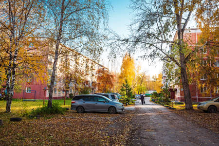 The city of Berdsk, Novosibirsk region, Western Siberia of Russia - October 9, 2021: autumn cityscape with trees and fallen yellow leavesのeditorial素材