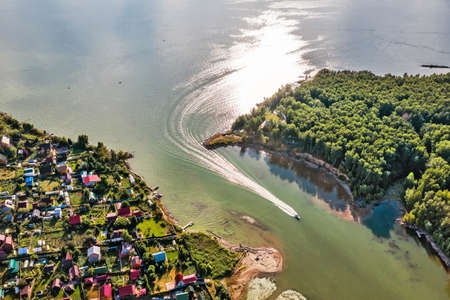 A bird's-eye view of the mouth of the Razdelnaya River, which flows into the Ob Sea. Berdsk, Novosibirsk region, Western Siberia of Russiaのeditorial素材