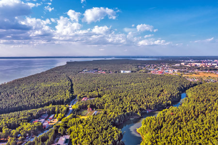 Berdsk, Ob Sea, Razdelnaya River. Novosibirsk Region, Western Siberia of Russia - August 1,2021: bird's-eye view of the coastal part of the Ob Sea of the city of Berdskのeditorial素材