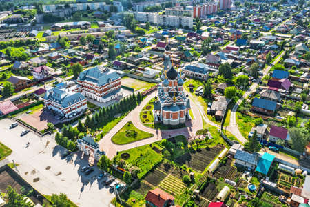 BERDSK, Novosibirsk Region, Western Siberia of Russia - June 6, 2021: Transfiguration Cathedral of the Novosibirsk and Berdsk Diocese among urban buildings, from a bird's-eye viewのeditorial素材