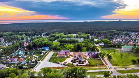 BERDSK, Novosibirsk region, Western Siberia of Russia - June 16, 2021: Wooden Church of the Epiphany of the Lord, from a bird's-eye viewのeditorial素材