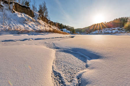 Winter landscape with a river. Razdelnaya River, Berdsk, Novosibirsk Region, Western Siberia of Russiaの写真素材