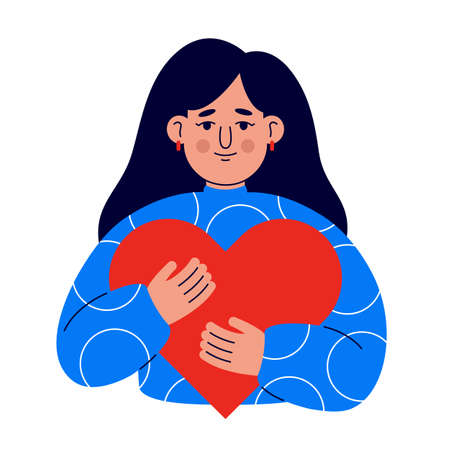 A young girl with love and care embraces a big heart. A girl with long dark hair in a blue sweater holds a red heart in her hands. The concept of self-care and positive for the body. Vectorのイラスト素材
