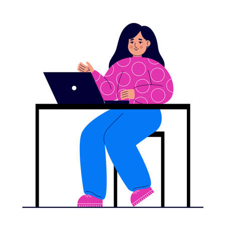 Young woman sits at a table with a laptop. Distance learning concept, e-learning, remote work from home, freelance, courses. Student learns using a computer.のイラスト素材