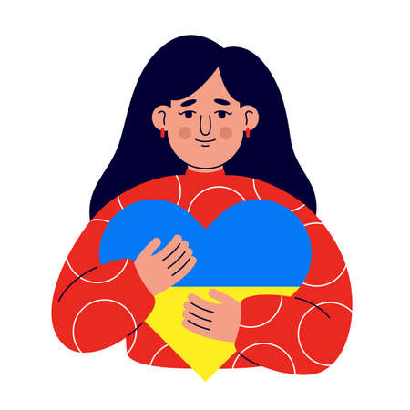 The girl hugs a heart with the colors of the flag of Ukraine. The concept of a world without war. Support for Ukraine. There is no war. Ukraine in the heart.のイラスト素材