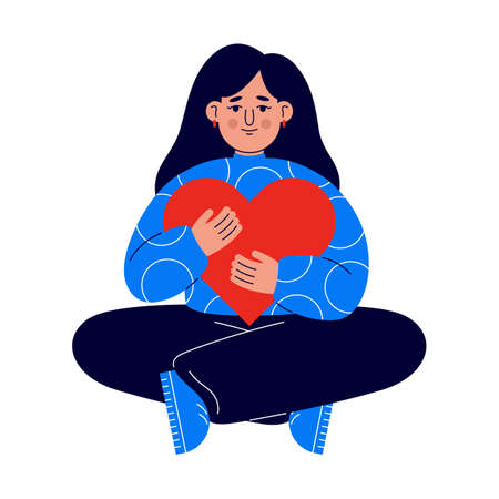 A young girl sits on the floor with love and care embraces a large heart. A girl in a blue sweater holds a red heart in her hands. The concept of self-care and positive for the body.のイラスト素材