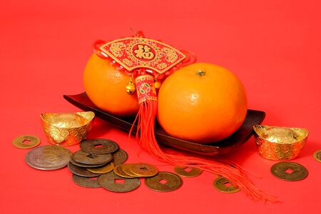 Orange for lunar Chinese new year, two oranges mean love or easy in Chinese culture lucky numberの写真素材