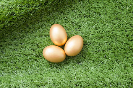 three golden easter eggs on green grassの写真素材