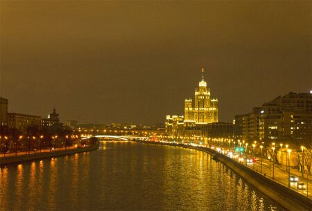 Bright lights of the night city. Embankment Moscowの写真素材