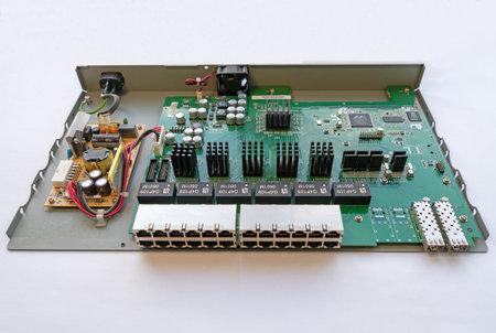 Disassembled computer switch on gray backgroundのeditorial素材