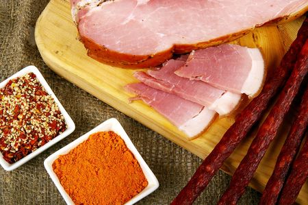 Meat and sausage products - very popular meal at many peopleの写真素材