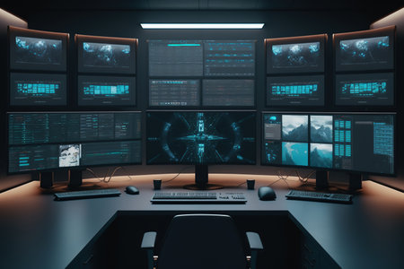 futuristic control room with multiple monitor screens. Ai Generativeの素材
