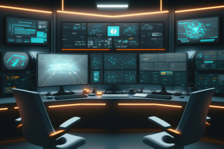 futuristic control room with multiple monitor screens. Ai Generativeの素材