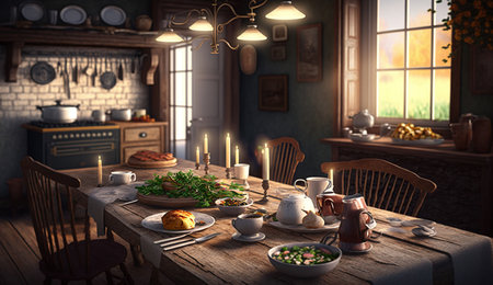 A hearty breakfast in a cozy country kitchen that features classic. Ai Generativeの素材