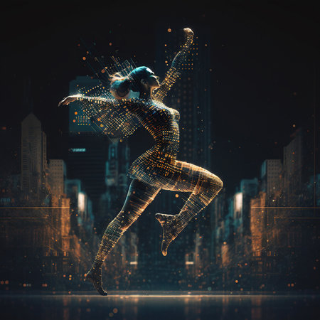a contemporary balletdancer in a steampunk abstract dot matrix cityscape, Ai Generativeの素材