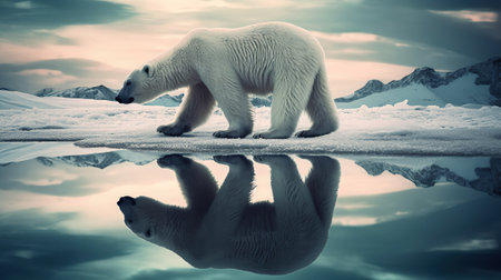 Polar bear suffer due to melting ice caused by the impact of climate change on double exposure of global warming turning arctic hotter in background. Generative AIの素材