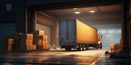 Warehouse with truck and lights in the style of photorealistic still life, Generative AIの素材
