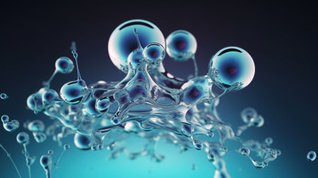 A realistic photo of transparent molecule on scientific oil background, molecular explosion, molecular splash, Generative AIの素材
