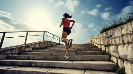 Young fitness woman running on seaside stone stairs, Generative AIの素材