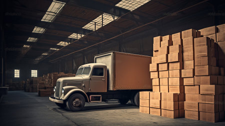 Old truck filled with boxes in a warehouse, Generative AIの素材