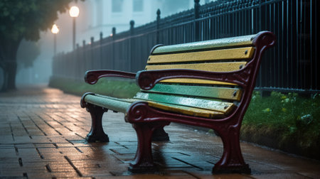 A bench sitting on the side of a street in the rain. Generative AIの素材