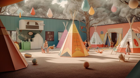 A children's camp in the style of Wes Anderson's film Motion. Generative AIの素材