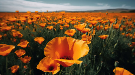 A field of many bright orange poppy flowers with a level horizon. Generative AIの素材