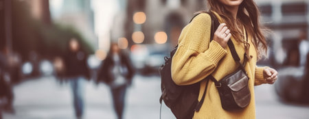Beautiful happy young fashionable woman traveling in City with backpack. Tourists Lifestyle shopping travel concept. Generative AIの素材
