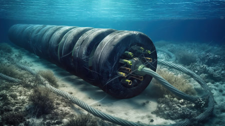 Damaged submarine communications cable on sea bed, full telecom and broadband outage due damage of undersea optical fibre cable, Generative AIの素材