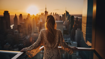 A woman enjoying the sunset standing on the balcony at luxury apartments. Luxury life concept. Generative AIの素材