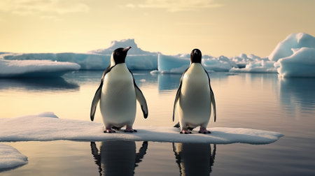 Two penguins stand on melting ice in Arctic Ocean global warming concept, world global planet climate change. Two cute emperor penguins confused by ice melting. Generative AIの素材