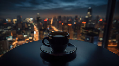 A hot coffee beverage at the top of a skyscraper, cyberpunk city, neon. Generative AIの素材