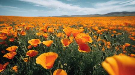 A straight on far away shot of a field of many bright orange poppy flowers with a level horizon. Generative AIの素材