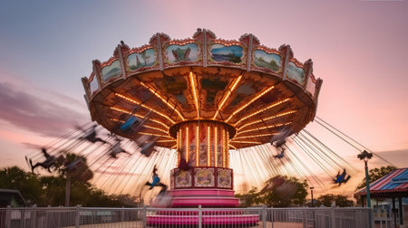 Whirling in Sunset Hues: The Mesmerizing Flight of a Pink Carousel Ride. Generative AIの素材