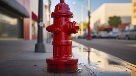 Red classic fire hydrant with protection on city street. Generative AIの素材