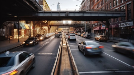 City street in Brooklyn with many cars. City background. Generative AIの素材