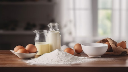 Transforming Flour, Eggs, and Milk into Culinary Delights on the Kitchen Table. Generative AIの素材