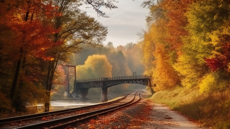 Autumnal scenery and the railway bridge. Generative AIの素材