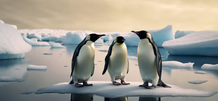 Three penguins stand on melting ice in Arctic Ocean global warming concept, world global planet climate change. Generative AIの素材