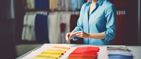 Tailor woman in atelier design working with sewing tools and textile cloth, Generative AIの素材
