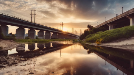 Viaduct from River with a Bridge at sunset time and cloud sky. Generative AIの素材