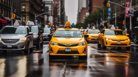 The City Taxi and cars in street traffic in City. Rain in The City. Generative AIの素材